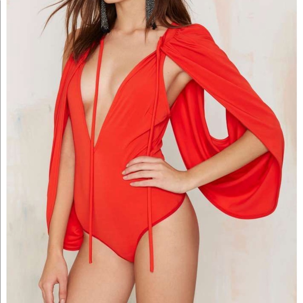 Nasty Gal Red Cold Shoulder Cape Bodysuit